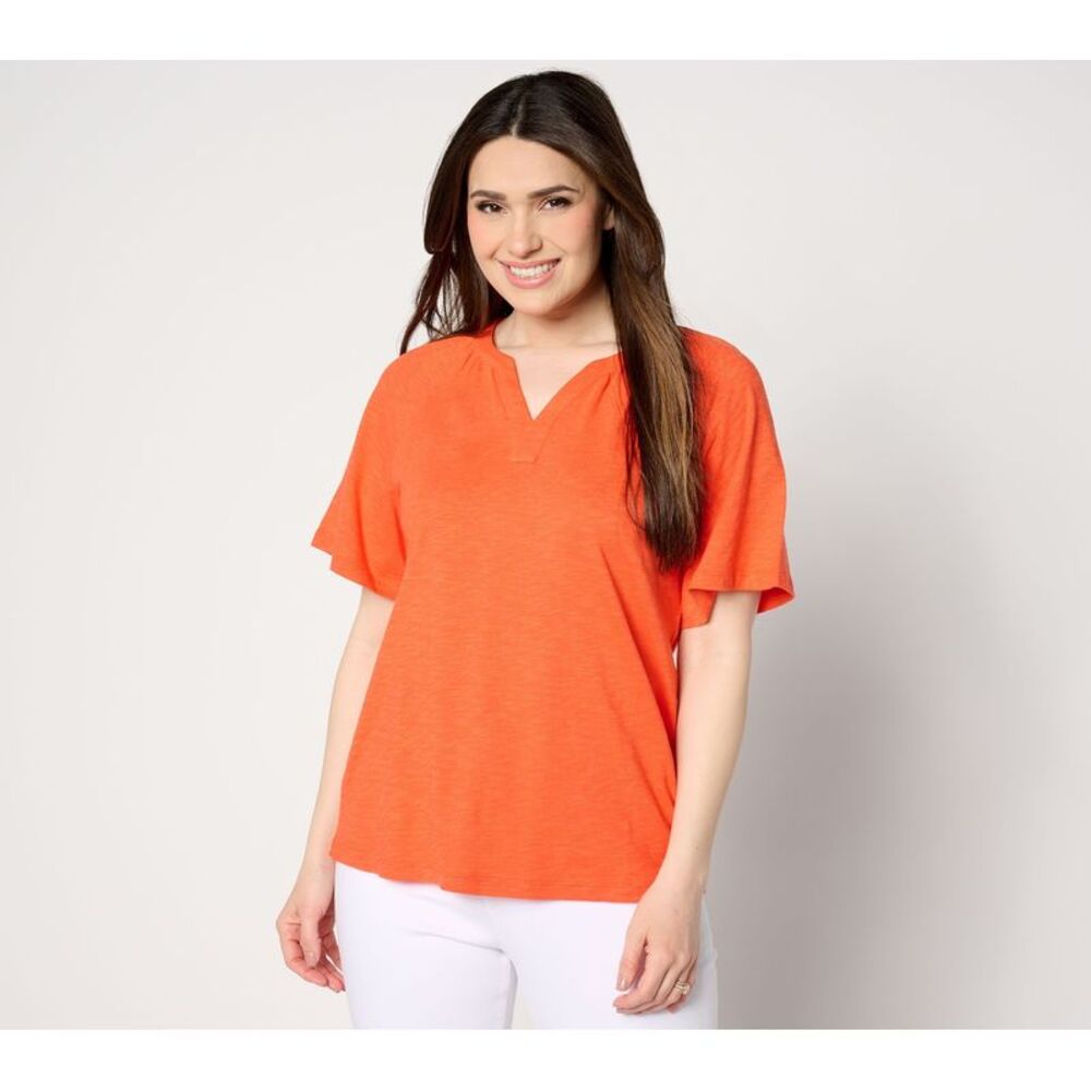 Wacoal Women's Top Sz S Denim & Co. Linen Blend Flutter Short Orange A650472